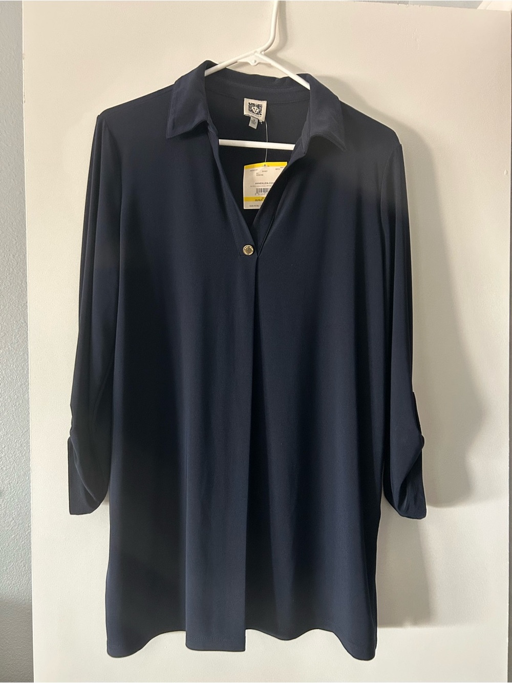 Anne Klein Navy Long-Sleeve Collared Tunic with V-Placket size medium stretch